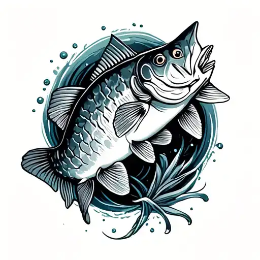 Cross With Stripped Bass Fish Swimming Around It