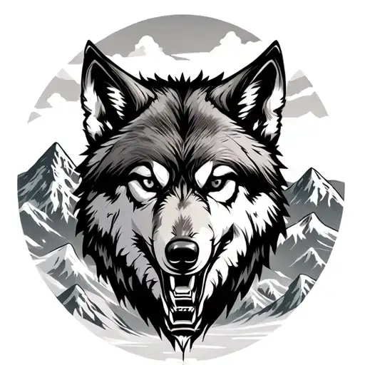 Growling Wolf And Mountains