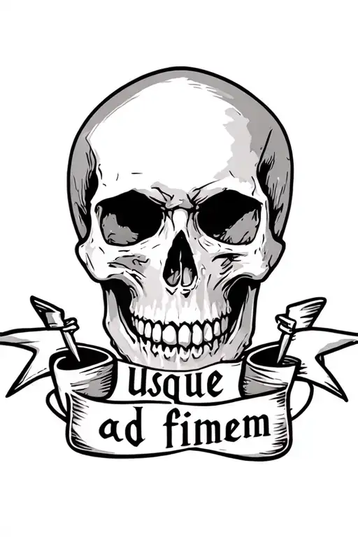 Skull Without Jaw With Banner That Says Usque Ad Finem