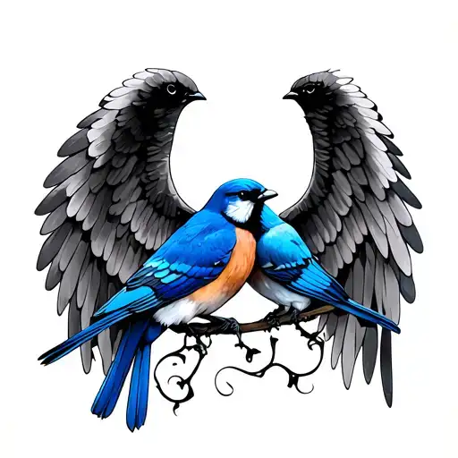 Wings With Blue Sparrows Around Them For A Side Neck Placement