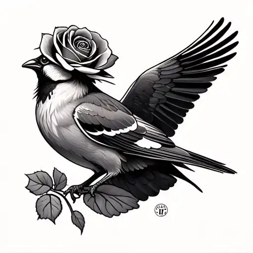 Flying Crested Lark And Rose