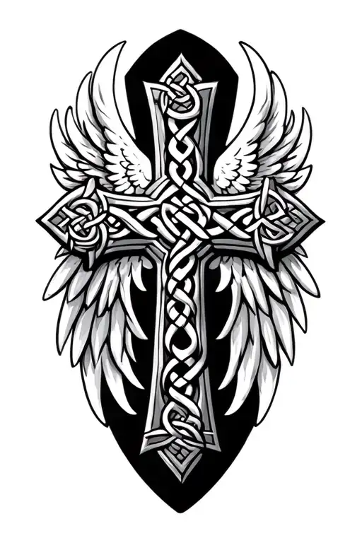 Celtic Knot Cross With Wings Spread Wide And The Name Sean Etched In The Middle Of The Cross