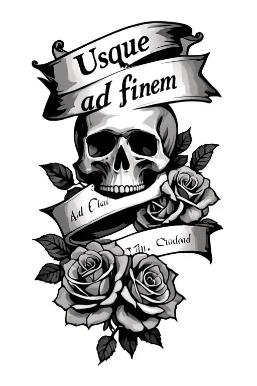 Skull And Roses With Banner That Says Usque Ad Finem