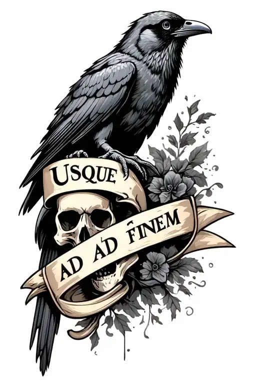 Skull And Crow With Banner That Says Usque Ad Finem