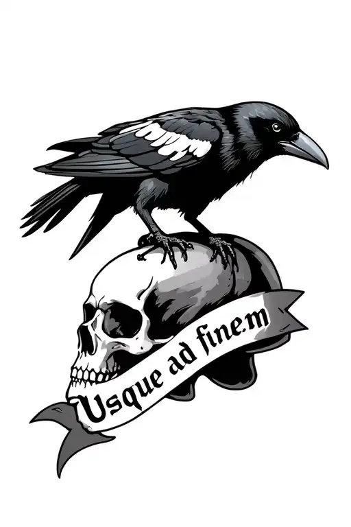 Crow On Top Of Skull With Banner That Says Usque Ad Finem