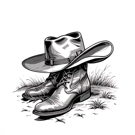 Old Worn Cowboy Boots On The Ground With A Well Worn Cowboy Hat Left Behind At His Death