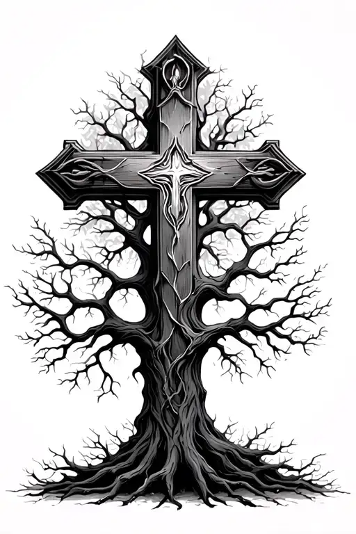Leafless Tree With Old Style Christian Cross