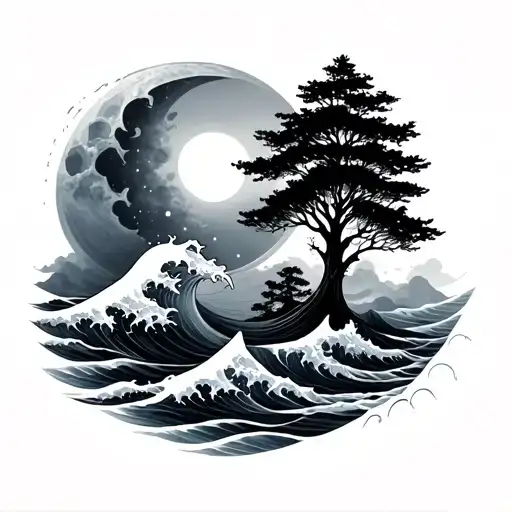 Waves Sun Moon Trees