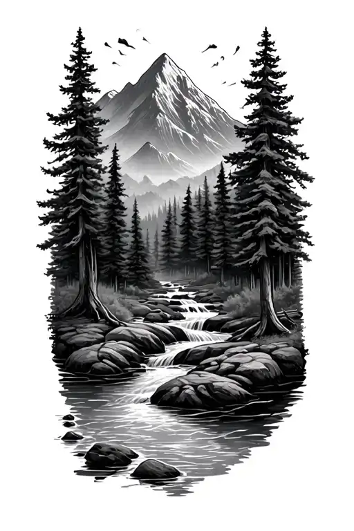 Forest With River Flowing And Mountain In Background