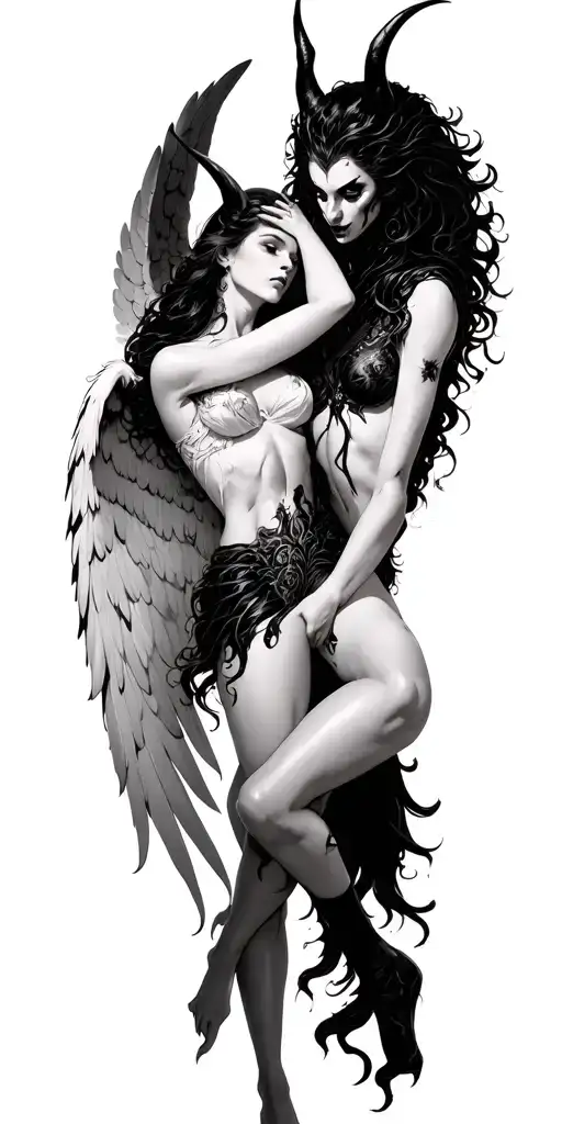 1 Sexy Female Angel In White Fighting 1 Sexy Female Demon In Black