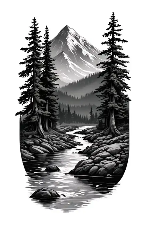 Forest With River Flowing And Mountain In Background