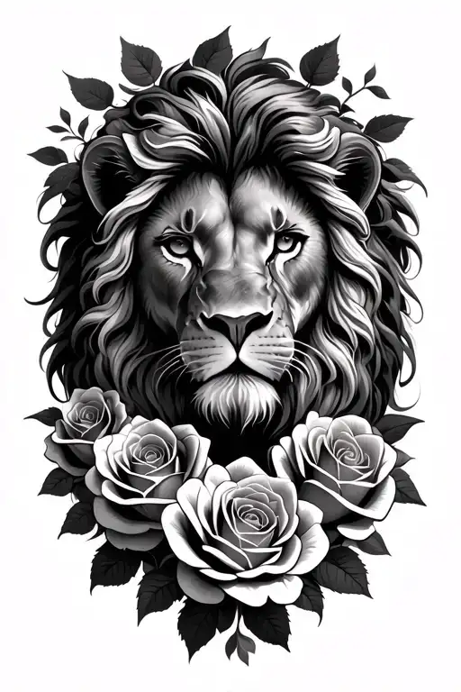 Lion Surrounded By Roses Intertwined