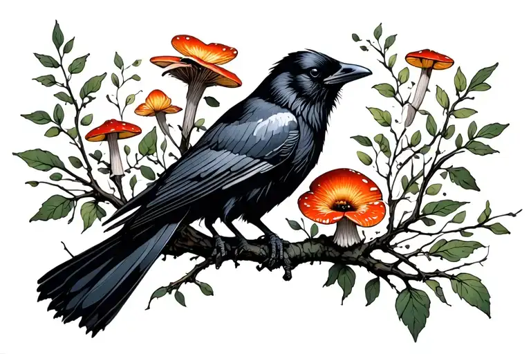 Crow Perched Flowers Mushrooms Branches Greenery Eerie Gloomy
