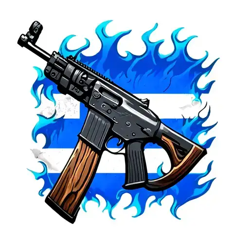 A Ak47 With Blue Patteflag As The Wooden Parts With Blue Flames Around It