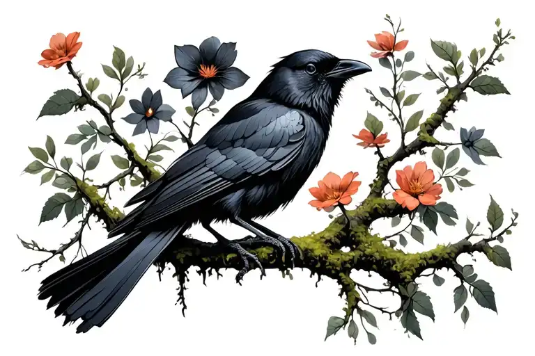 Crow Perched Flowers Mossy Branches Greenery Eerie Gloomy