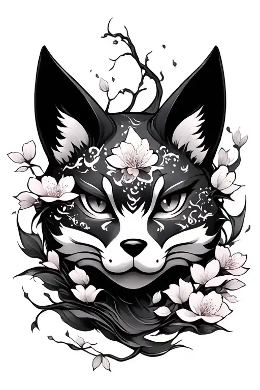 Kitsune Mask Surrounded By Swirling Sakura Leaves Falling