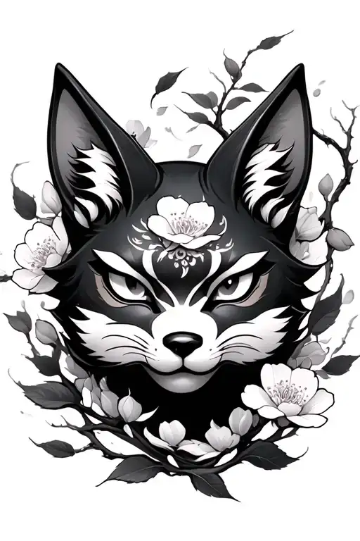Kitsune Mask Surrounded By Swirling Sakura Leaves Falling