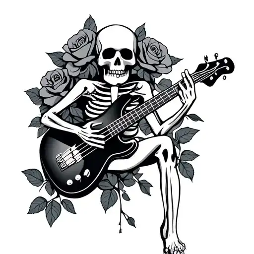 Skeleton Playing Bass Guitar In Roses Blooming