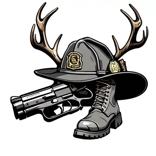 Firefighter Hat And Boots With Antlers And Gun