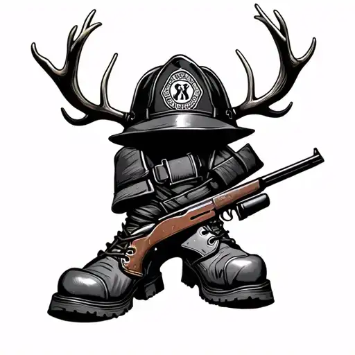 Firefighter Boots And Hat With Antlers And Rifle Tattoo idea