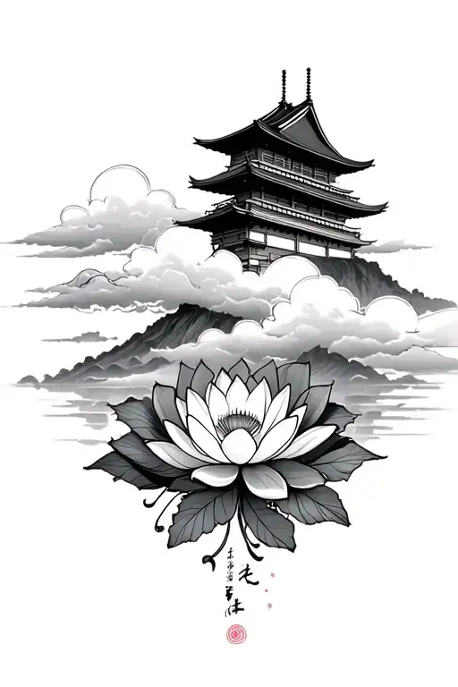 Tall Japanese Temple Clouds On A Mountain Lotus Flower Japanese Filagree