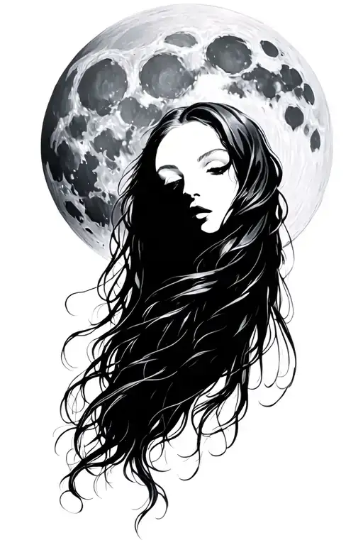 Woman With Long Hair In Front Of A Full Moon