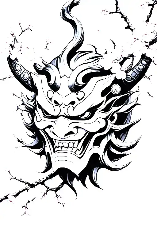Oni Mask Surrounded By Japanese Cherry Blossom Tree