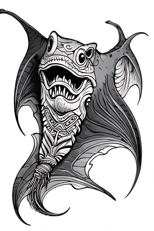 Manta Ray Polynesian Style With Tiki In The Middle And Sharks In The Wings