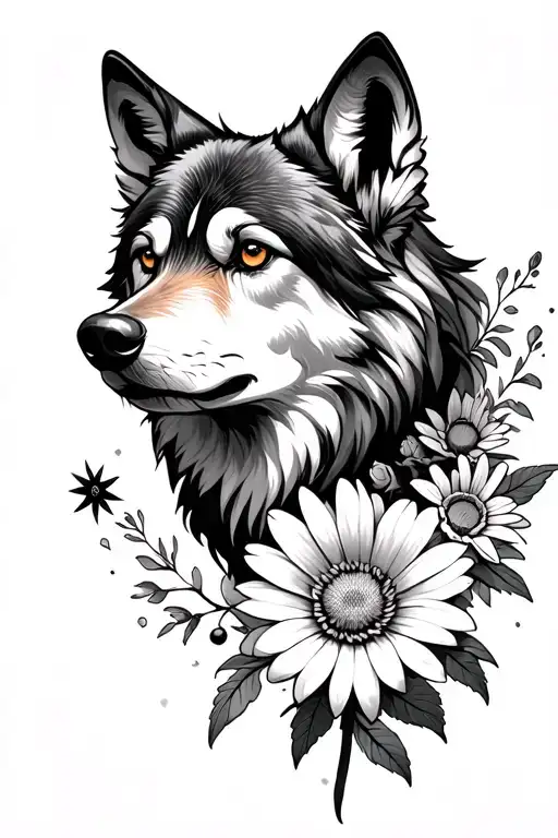 Wolf Head W Aster Flower And Morning