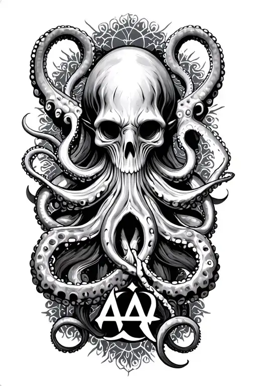 Occult Dark Fantasy Emblem With Octopus Horror And Aa Symbol