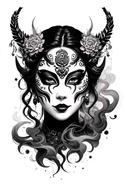 Woman Face With Hannya Mask And Smoke Comes