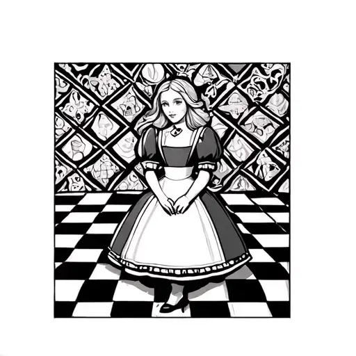 Alice In Wonderland With Geometrical Pattern Fillers And A Checkerboard Black And White Floor