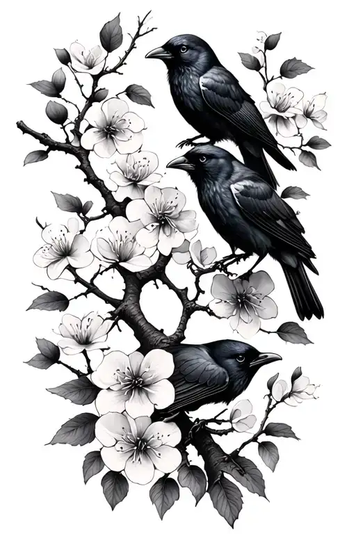 1 Black And Grey Cherry Tree Branch With Black And Grey Blossoms And 3 Small Ravens Forearm