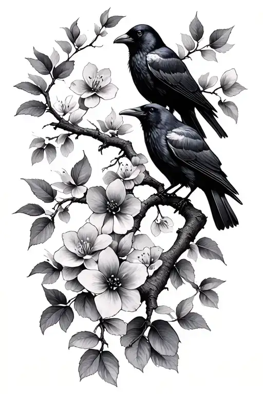 1 Black And Grey Cherry Tree Branch With Black And Grey Blossoms And 3 Small Ravens Forearm