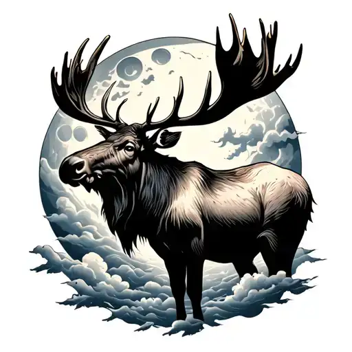 Moose With Moon Behind Clouds