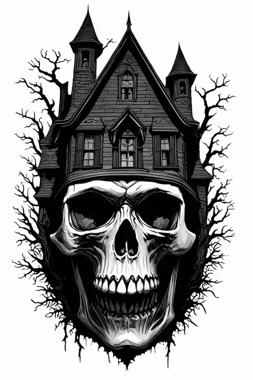 Scary Haunted House Behind Large Skull Mysterious And Dark