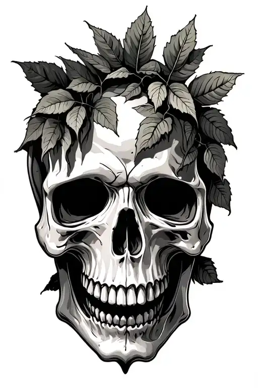 Scary Haunted House Behind Large Skull With Leaves