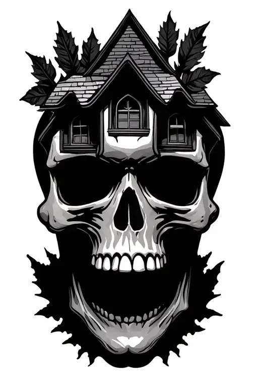 Scary Haunted House Behind Large Skull With Leaves