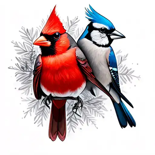 Female Cardinal And Blue Jay
