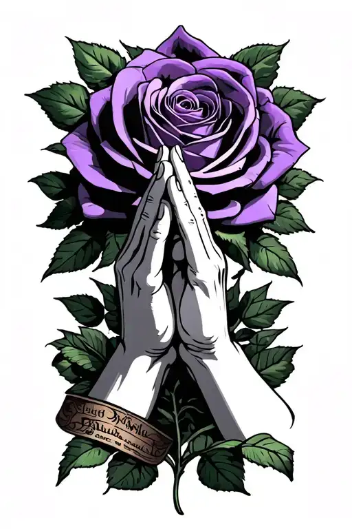 Praying Hands With Purple Rosaey