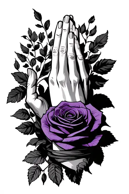 Praying Hands With A Purple Rosery Wrapped Around The Hand