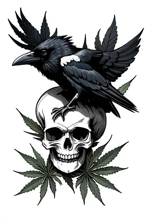 Skull With A Raven And Weed Leaves