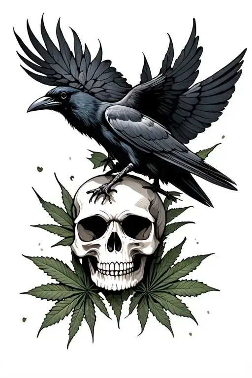 Skull With A Raven And Weed Leaves Intertwined