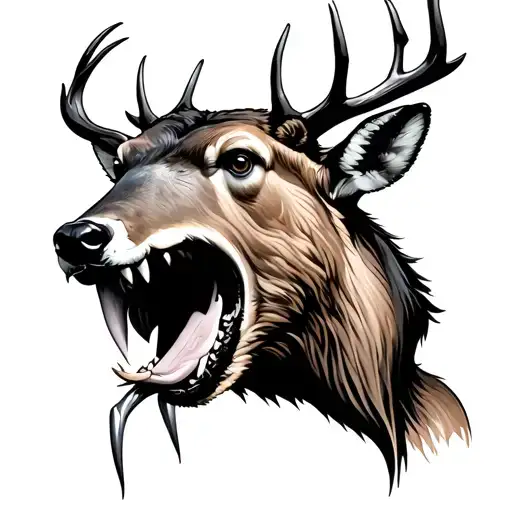 Bear Head Biting Deer In Body With Claws Emerging