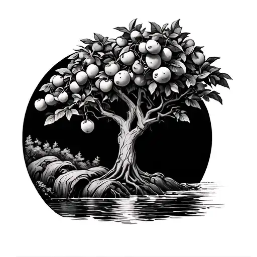 Tree Planted By A Multi Forked Stream Of Water That It Overhangs While Bearing Fruit