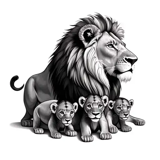 Lion With Three Cubs