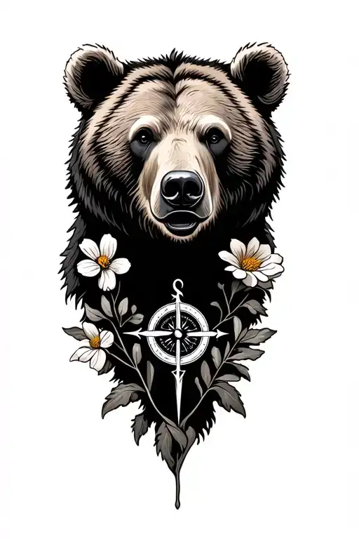Grizzly Bear Face With Compass And Flowers