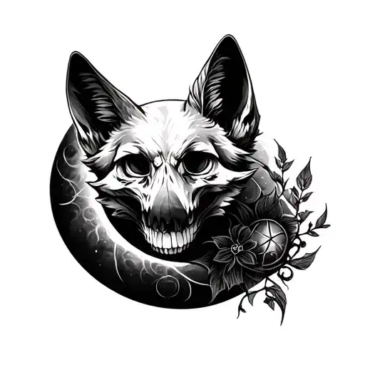 Skull Fox Full Moon Intertwined