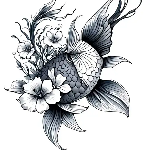 Koi Fish Swimming Spine Tattoo With Flowers