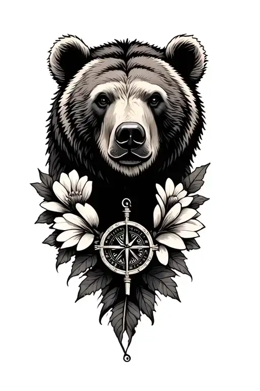 Grizzly Bear Face With Compass And Flowers